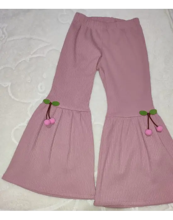 1-2-3-4 Yaş Kiraz Baskılı Tişört İspanyol Paçalı Likralı 2li Kız Çocuk Takımı Gül Kurusu