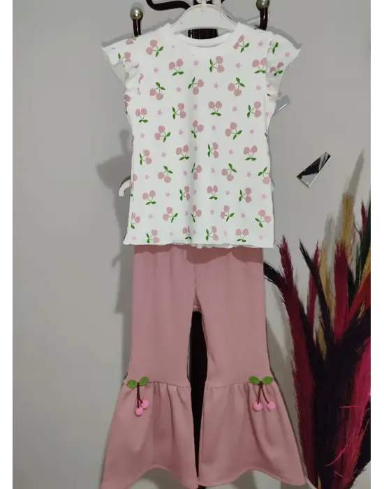 1-2-3-4 Yaş Kiraz Baskılı Tişört İspanyol Paçalı Likralı 2li Kız Çocuk Takımı Gül Kurusu