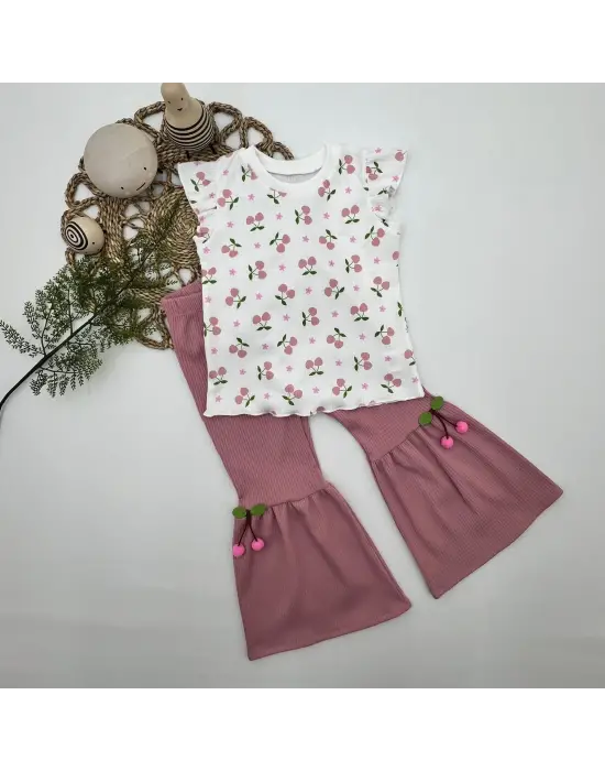 1-2-3-4 Yaş Kiraz Baskılı Tişört İspanyol Paçalı Likralı 2li Kız Çocuk Takımı Gül Kurusu