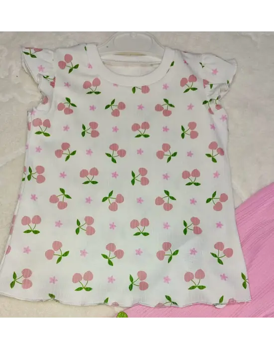 1-2-3-4 Yaş Kiraz Baskılı Tişört İspanyol Paçalı Likralı 2li Kız Çocuk Takımı Pembe