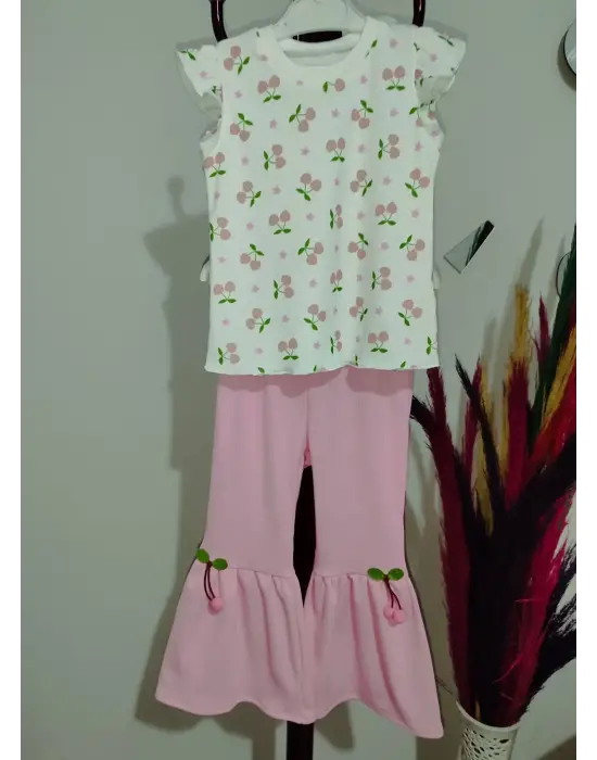 1-2-3-4 Yaş Kiraz Baskılı Tişört İspanyol Paçalı Likralı 2li Kız Çocuk Takımı Pembe