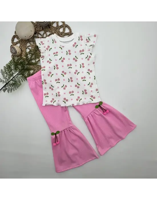 1-2-3-4 Yaş Kiraz Baskılı Tişört İspanyol Paçalı Likralı 2li Kız Çocuk Takımı Pembe