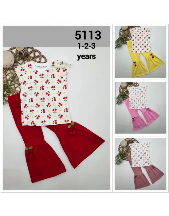 1-2-3-4 Yaş Kiraz Baskılı Tişört İspanyol Paçalı Likralı 2li Kız Çocuk Takımı Sarı