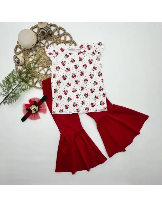 1-2-3-4 Yaş Mickey Baskılı Bandanalı Tişört İspanyol Paçalı Likralı 3lü Kız Çocuk Takımı Kırmızı