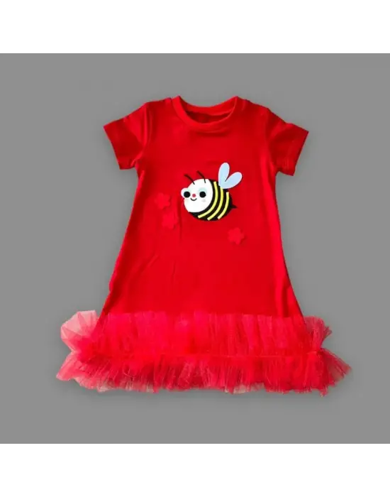 Şık Nakışlı Fırfırlı Kırmızı Kız Çocuk Elbisesi