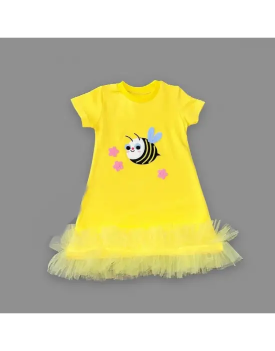 Enerjik Arıcık Nakışlı Fırfırlı Kız Çocuk Elbisesi