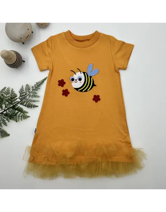 Trend Nakışlı Eteği Fırfırlı Jile Kız Çocuk Elbisesi