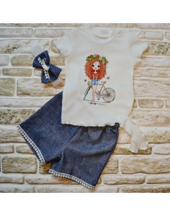 Göz Alıcı Bandanalı Kot Kız Bebek Takımı