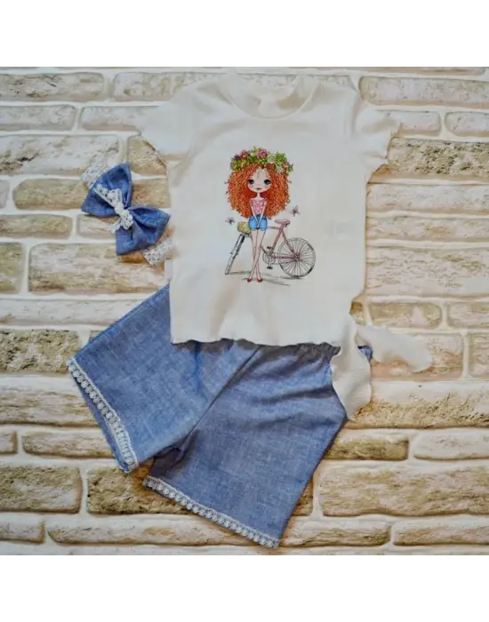 Çılgın Bisikletli Baskılı Kız Bebek 3lü Takım