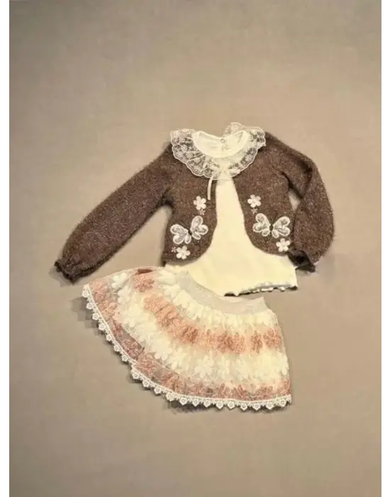 1-2-3 Yaş Brode Etekli Örme Hırkalı Uzun Kollu Sweat 3lü Kız Çocuk Takımı Kahverengi