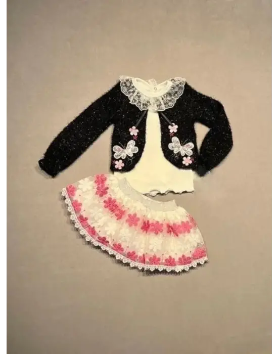 1-2-3 Yaş Brode Etekli Örme Hırkalı Uzun Kollu Sweat 3lü Kız Çocuk Takımı Siyah