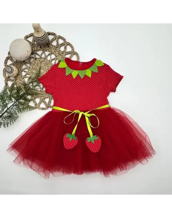 Tütü Elbise Çilek Desenli Kırmızı Kız Bebek