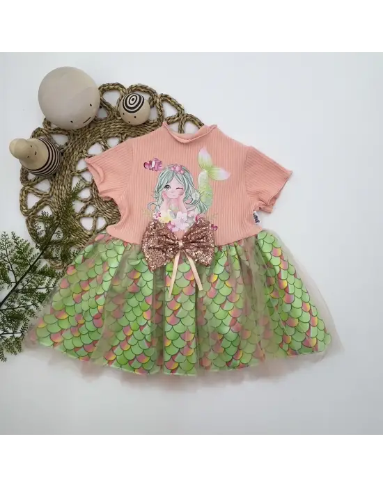 Çarpıcı Denizkızı Baskılı Etekli Bebek Elbisesi