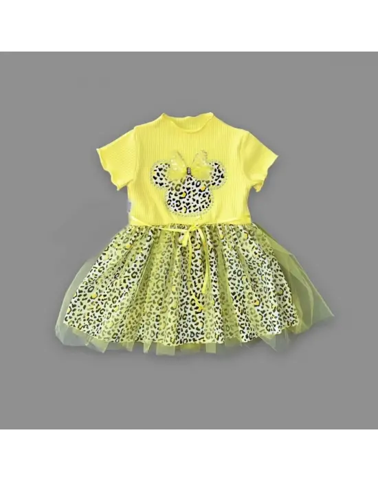 Zarif Fiyonklu Mickey Etekli Kız Bebek Tütü Elbisesi Sarı