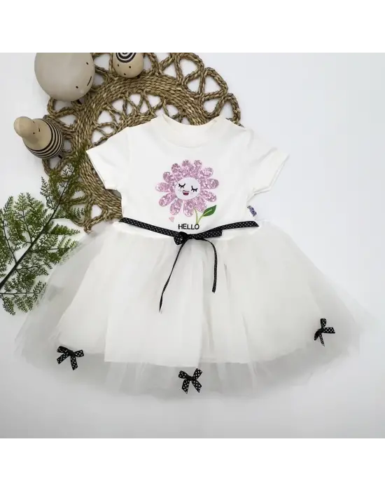Zarif Yapraklı Çiçek Nakışlı Kız Bebek Tütü Elbisesi