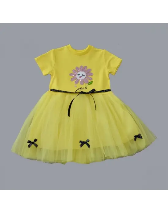 Asil Yaprak Nakışlı Sarı Tütü Elbise 1-2-3 Yaş
