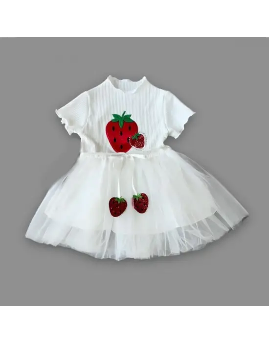 Çarpıcı Yaş Payetli Çilek Kuşaklı Bebek Elbisesi