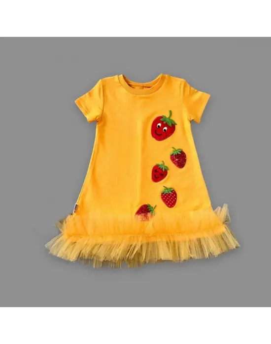 Göz Alıcı Payetli Çilekler Eteği Fırfırlı Jile Kız Elbisesi