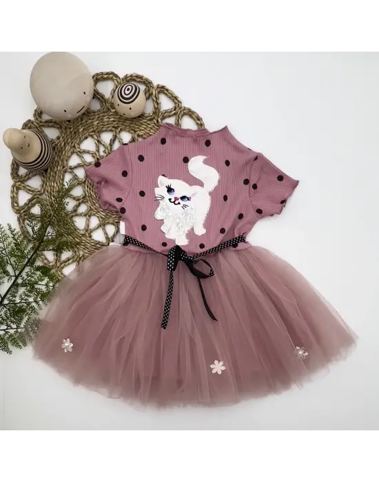 Göz Alıcı Kedicik Baskılı Puantiyeli Bebek Elbisesi