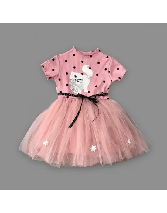 Göz Alıcı Kedicik Baskılı Puantiyeli Bebek Elbisesi