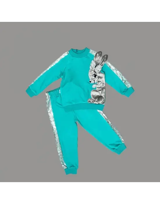 1-2-3 Yaş Payetli Pelüş Tavşan Desenli Likra Penye Kumaş Sweat Pantolonlu Kız 2li Çocuk Takımı Mint Yeşili