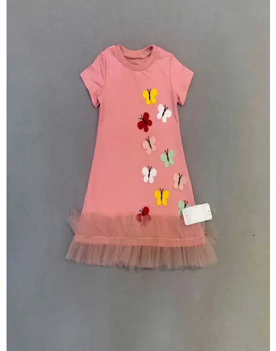 Çocuk Elbisesi Fırfırlı Kelebekler Nakışlı Jile