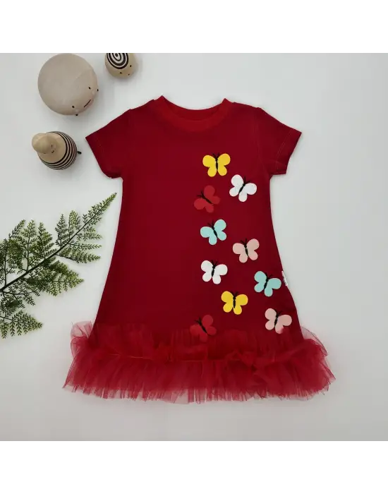 Enerjik Renkli Kelebekler Nakışlı Jile Çocuk Elbisesi