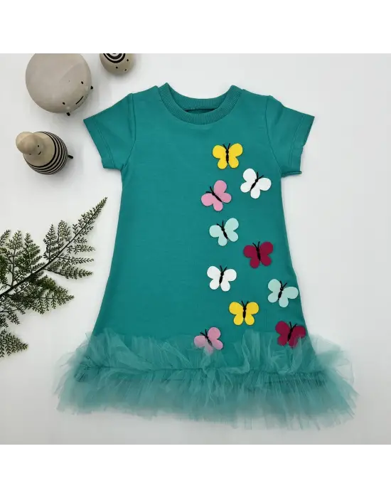 Trendy Kelebek Nakışlı Fırfırlı Çocuk Elbisesi