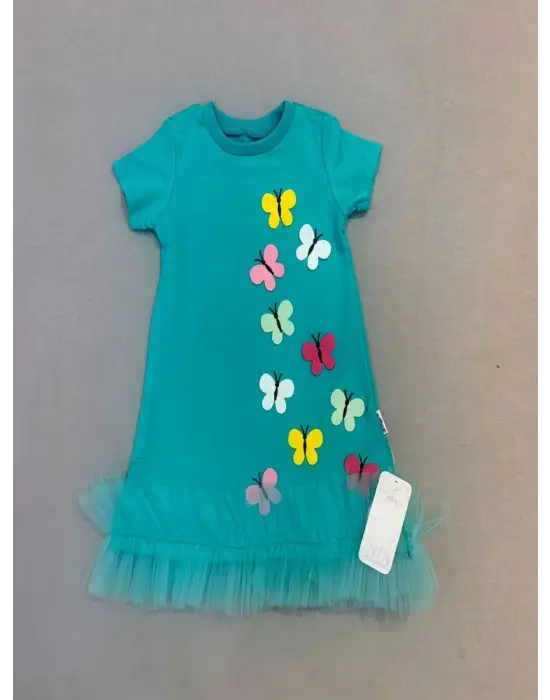 Trendy Kelebek Nakışlı Fırfırlı Çocuk Elbisesi