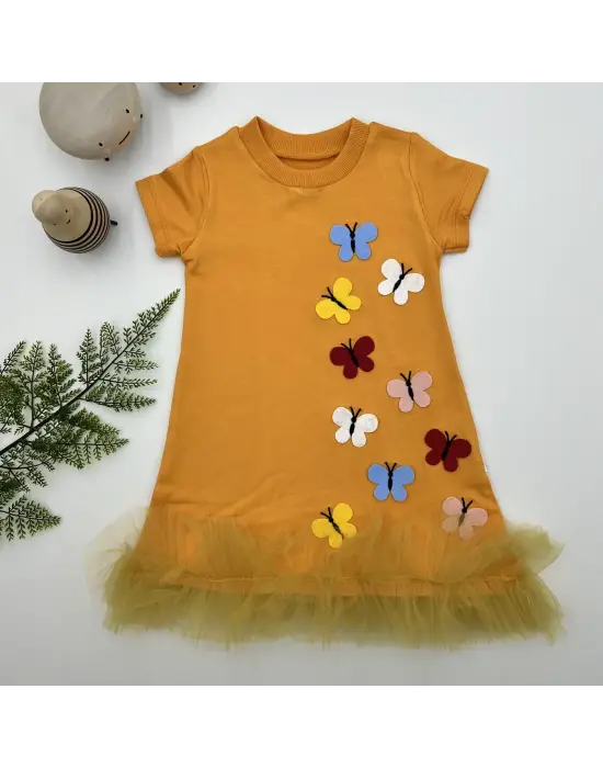 Çocuk Elbisesi Fırfırlı Jile Eteği Kelebek Nakışlı