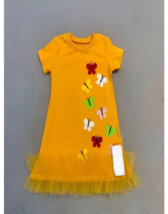 Çocuk Elbisesi Fırfırlı Jile Eteği Kelebek Nakışlı