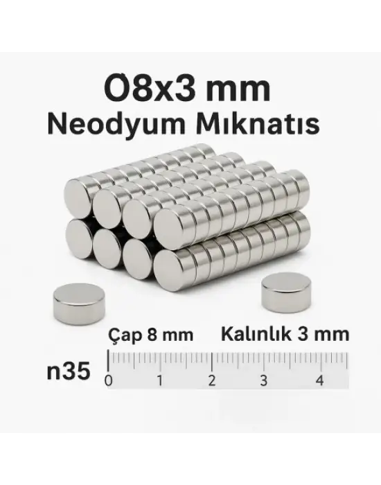 1 Adet 8x3mm Yuvarlak Neodyum Mıknatıs Güçlü Nikel Kaplamalı Kaliteli Dayanıklı Magnet