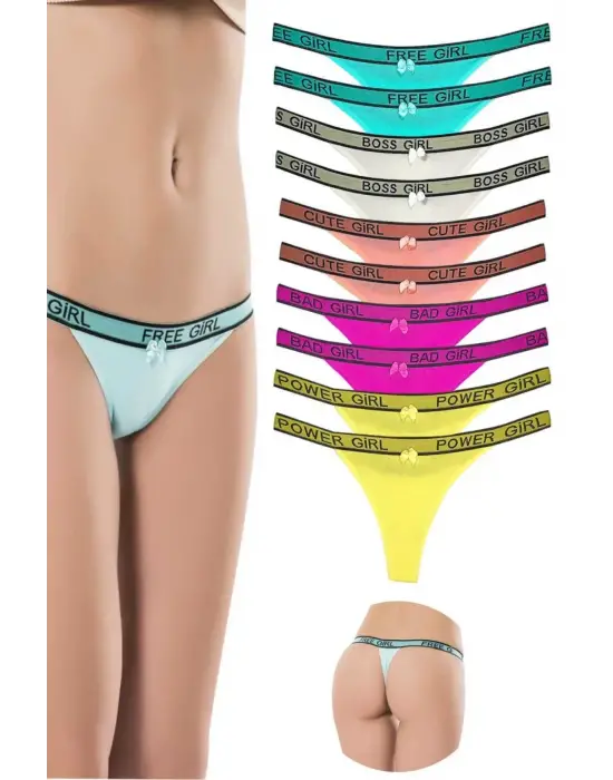 10 Adet Beli Yazılı Pamuk Kadın Tanga String Külot