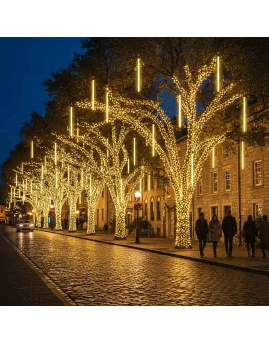 10lu 45 cm Plastik Meteor LED USB 2M Kablo Sarı Renk Ağaç Işığı – Renk Değiştiren Asmalı Dekoratif Bahçe ve Dış Mekan Aydınlatması