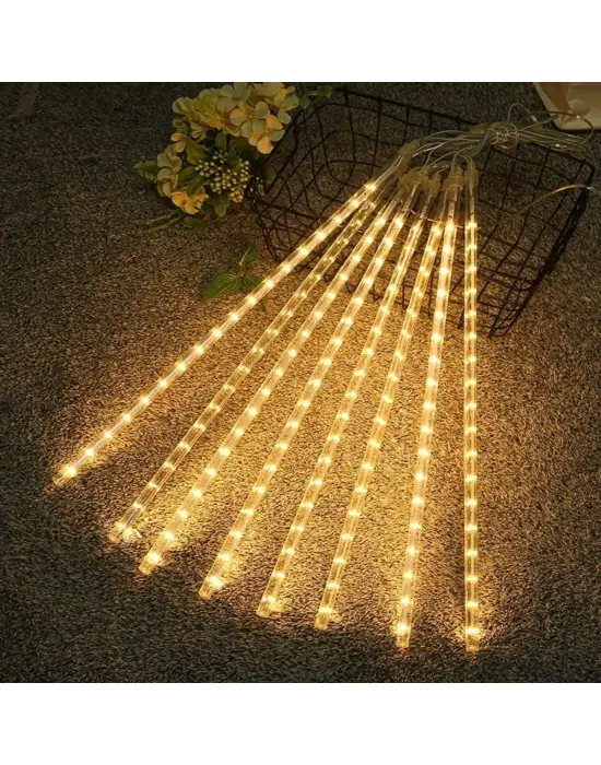 10lu 45 cm Plastik Meteor LED USB 2M Kablo Sarı Renk Ağaç Işığı – Renk Değiştiren Asmalı Dekoratif Bahçe ve Dış Mekan Aydınlatması
