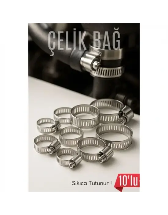 10lu Hortum Kelepçesi Seti | 5 Boy Çelik Ayarlanabilir Vidalı Kelepçe | 13-27mm