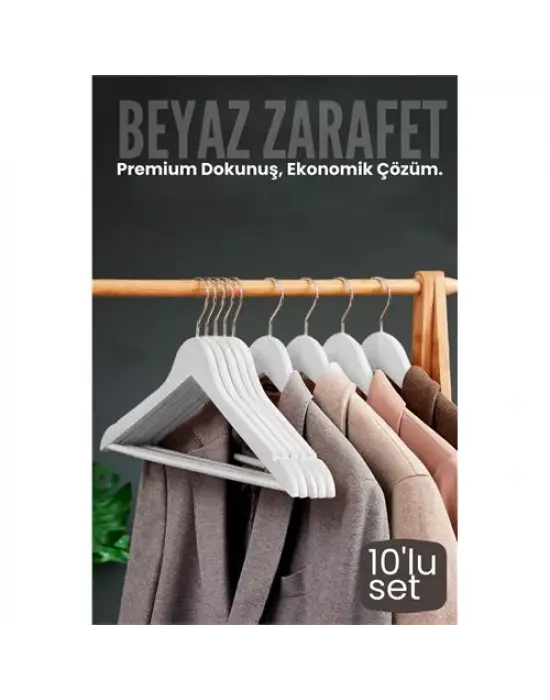 10lu Lüks Beyaz Elbise Ceket Askısı - Ergonomik & Kaymaz Plastik Askı Seti -  Ahşap Görünümlü