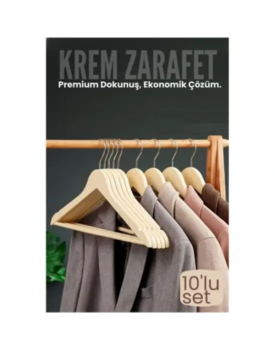 10lu Lüks Krem Elbise Ceket Askısı - Ergonomik & Kaymaz Plastik Askı Seti -  Ahşap Görünümlü