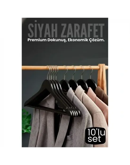 10lu Lüks Siyah Elbise Ceket Askısı - Ergonomik & Kaymaz Plastik Askı Seti -  Ahşap Görünümlü