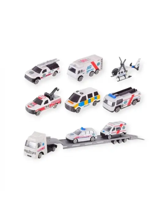 10 Parça Araç Taşıyan Tır Seti - Die Cast - DS047 - Ambulans