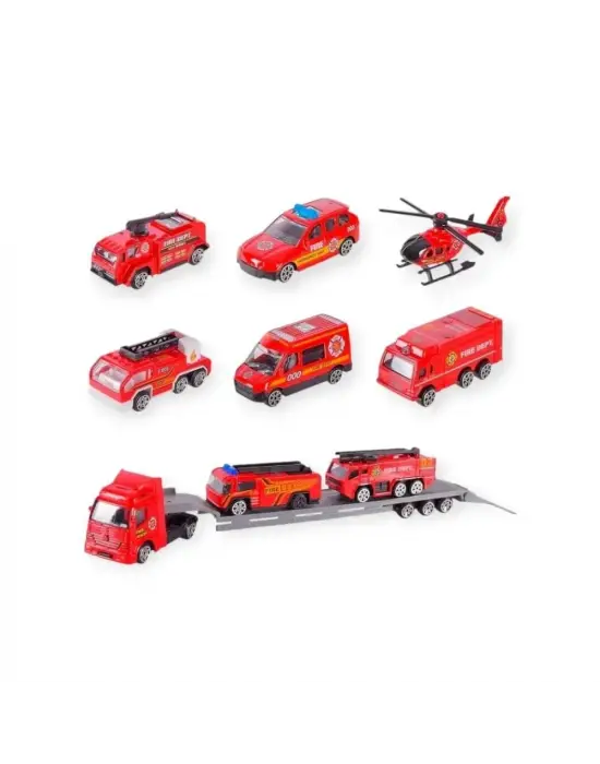 10 Parça Araç Taşıyan Tır Seti - Die Cast - DS047 - İtfaiye