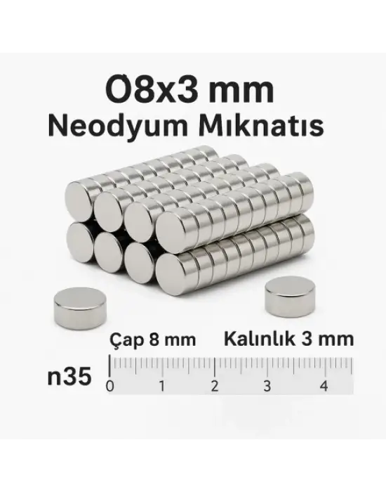 100 Adet 8x3mm Yuvarlak Neodyum Mıknatıs Güçlü Nikel Kaplamalı Kaliteli Dayanıklı Magnet