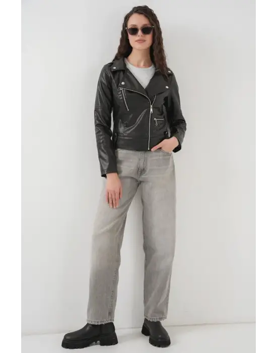 1025 Suni Deri Biker Ceket - Siyah