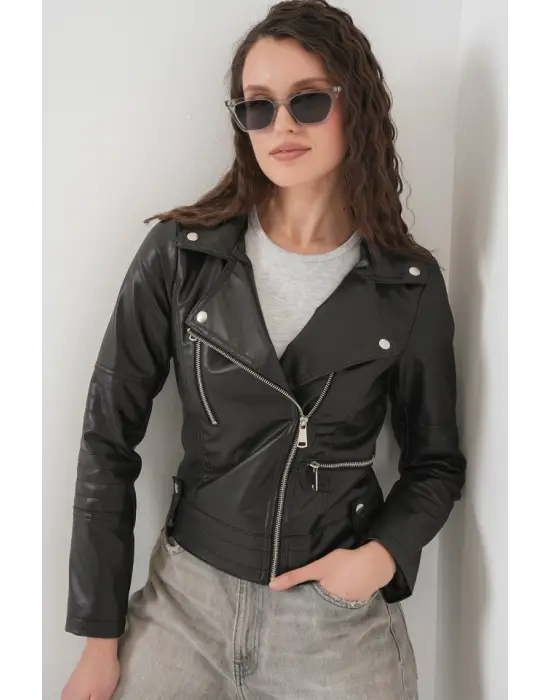 1025 Suni Deri Biker Ceket - Siyah