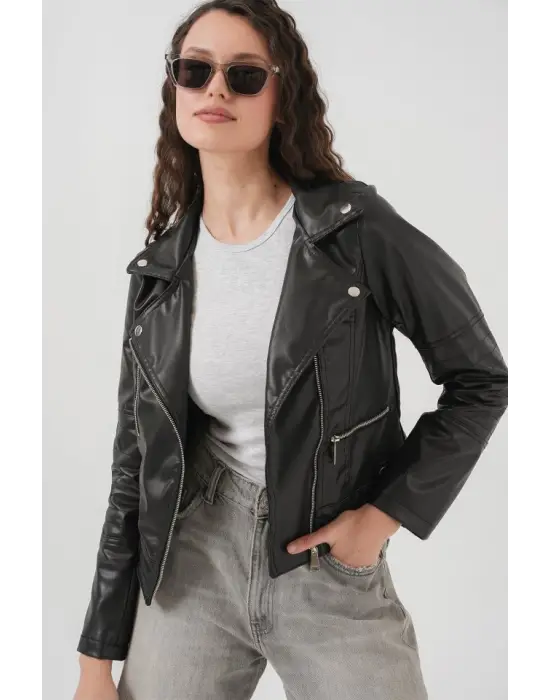 1025 Suni Deri Biker Ceket - Siyah