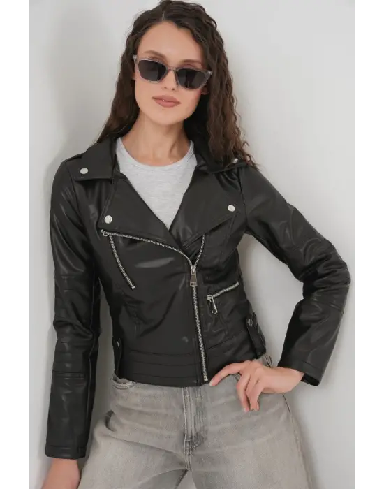 1025 Suni Deri Biker Ceket - Siyah