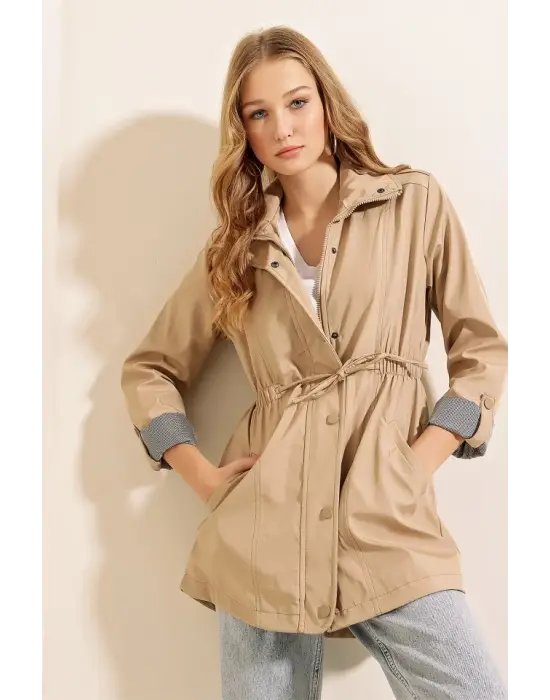 10322 Beli Büzgülü Trençkot - Bej