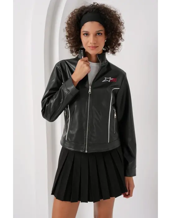 1041 Dik Yaka Suni Deri Ceket - Siyah
