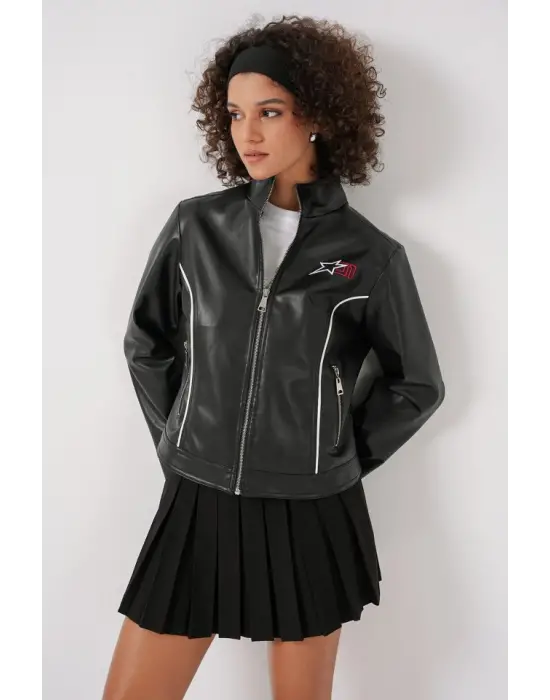 1041 Dik Yaka Suni Deri Ceket - Siyah