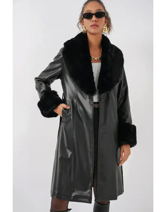 1045 Kürklü Suni Deri Kaban - Siyah
